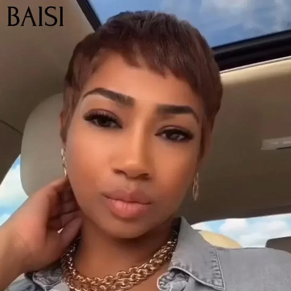 BAISI Livraison depuis la Chine TVA 0€ Pixie 39€ en Couleur #4 Perruque Sans Lace Sans Colle #026 petite coupe fabriqué à la machine en 100% Cheveux Humains