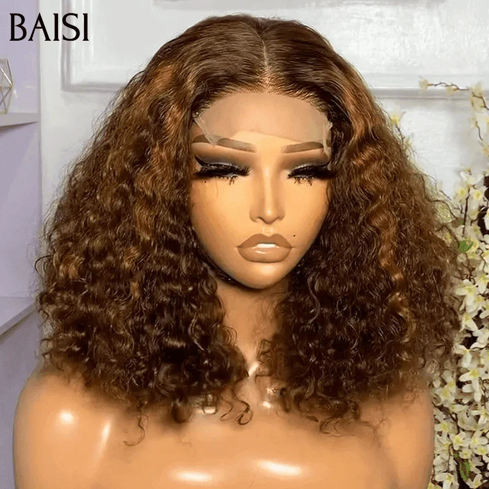 BAISI Grand SOLDES TVA 0€ 100€ Volume 250% densité 12 Pouces Couleur 4#Mix30# Lace 4X4 Perruques de Luxe curly Wave double drawn mèches vièges en 100% Cheveux Humains