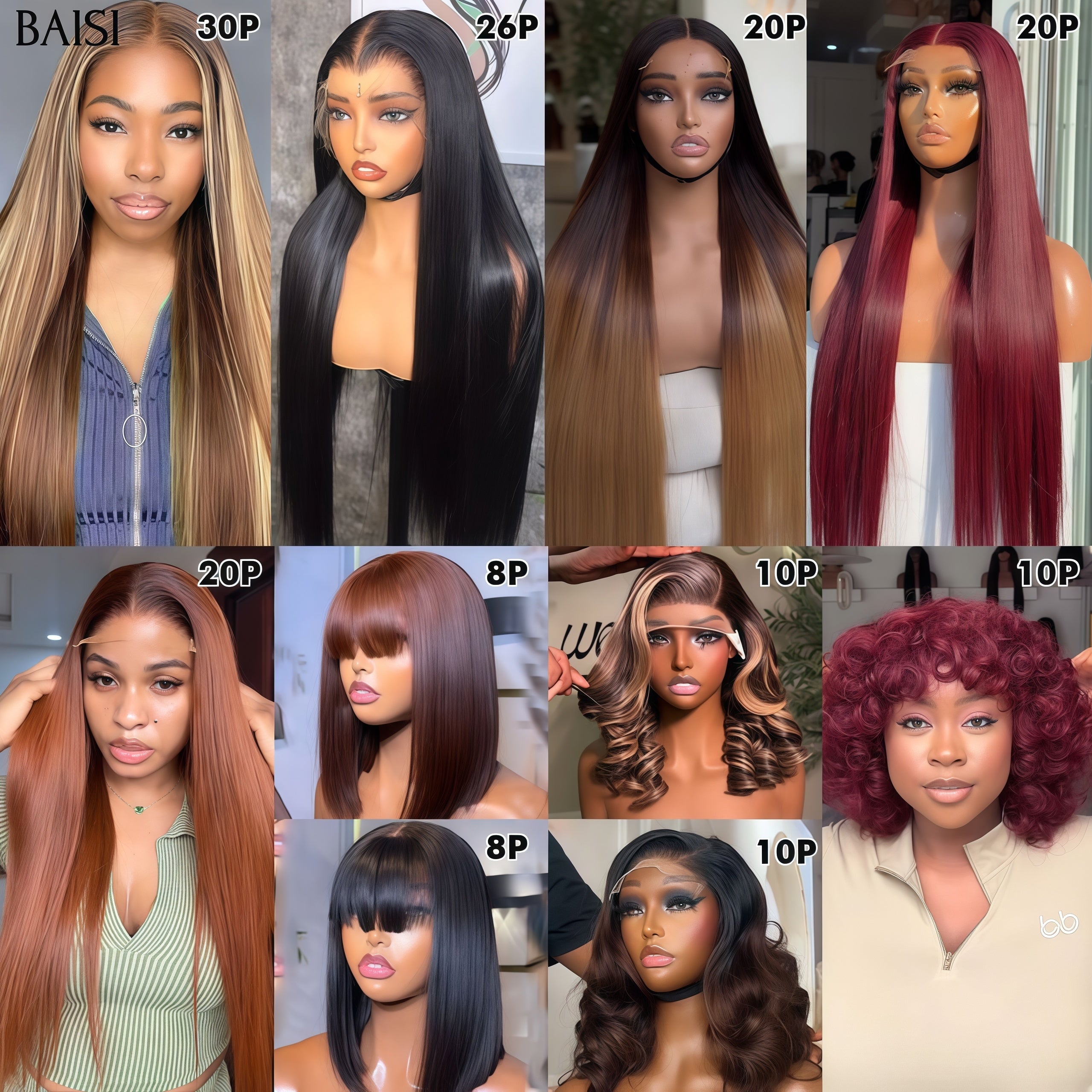 BAISI BAS Prix 10 Perruques en Soldes 150€ modèle au hasard Lisse et curly et Body wave en 100% Cheveux Humains sans retour