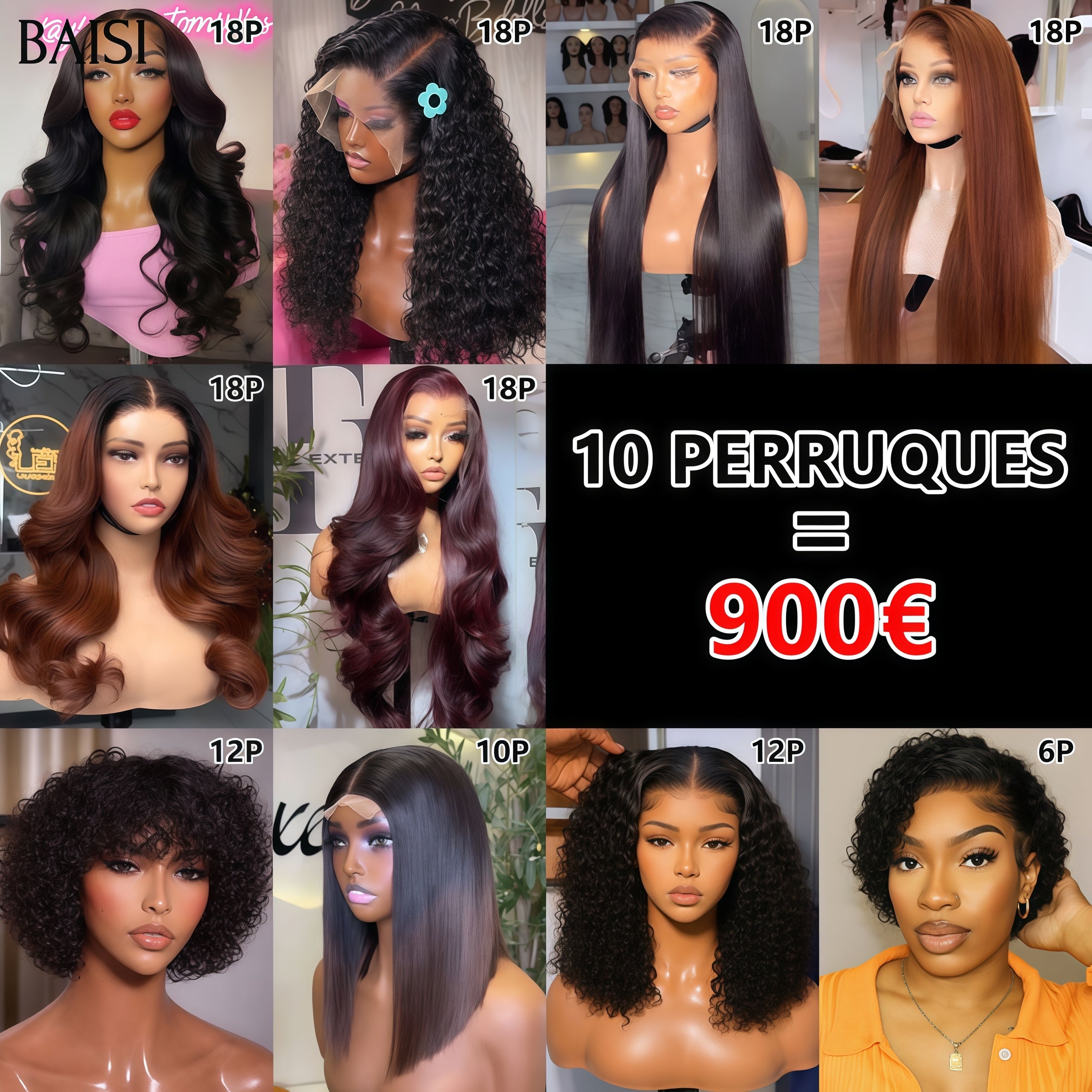 BAISI Wigs 10 Wigs to resell €699 in 100% real human hair Code: VIP100