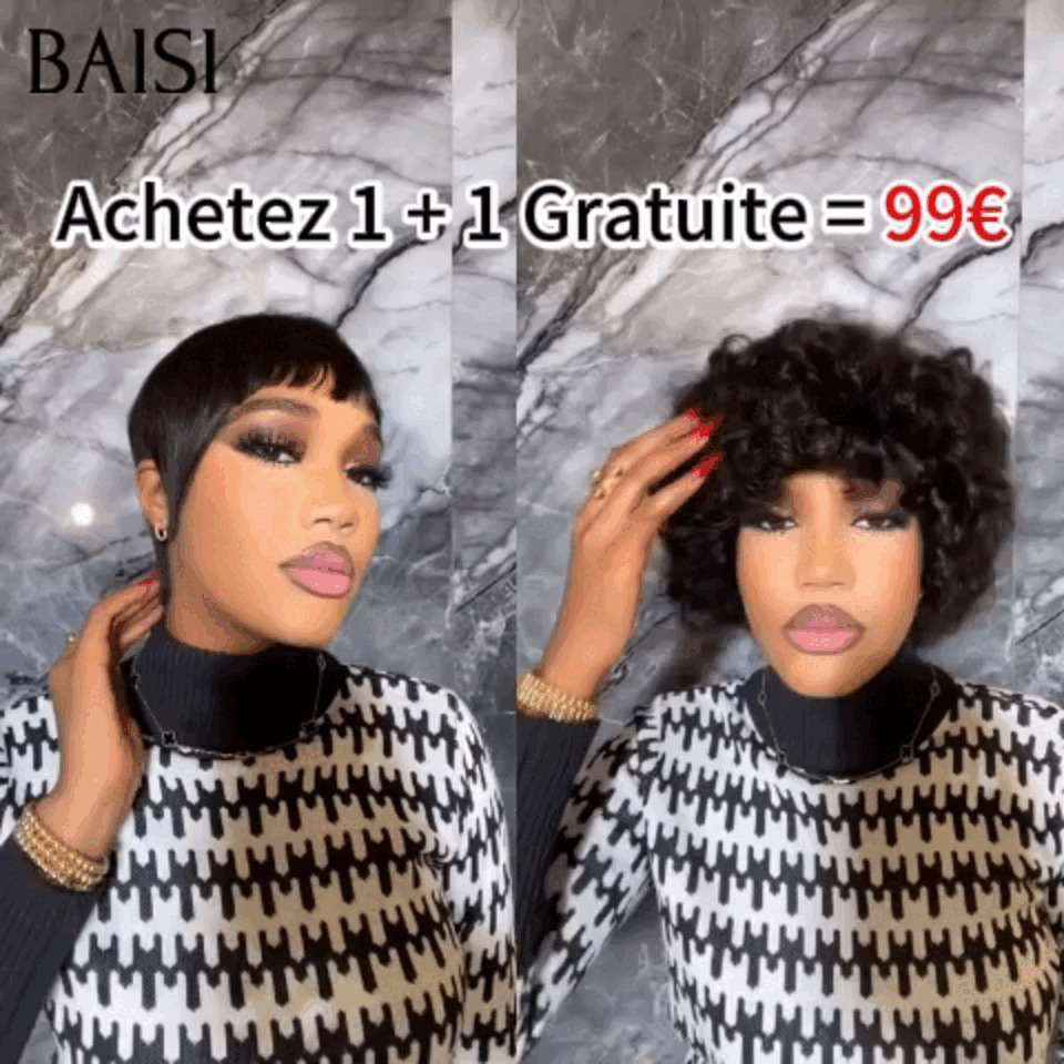 BAISI 1 Acheté + 1 Gratuit = 99€ Perruque sans lace pixie et bob egg wave avec frange 12 pouces en cheveux humains (pas besoin de code)