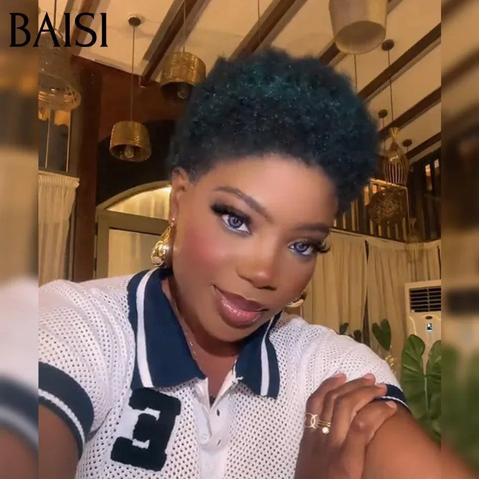 BAISI Pixie Afro Curl Wig 13x4 lace frontal curly all over Black in 100% human hair F-905