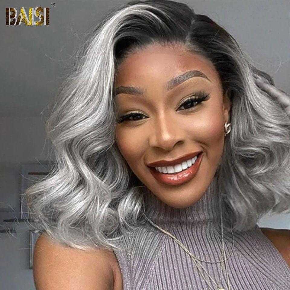 BAISI Collection Poivre et Sel 13X4 Frontal Perruque Body Wave En couleur #1B/Gris En 100% Vrais Cheveux Humains