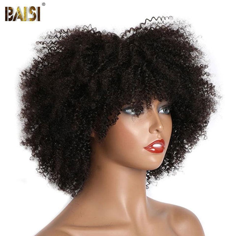BAISI Acquista almeno 2 parrucche al prezzo di fabbrica fornitore parrucca afro riccia con frangia 12 Pollici in nero in 100% capelli umani veri