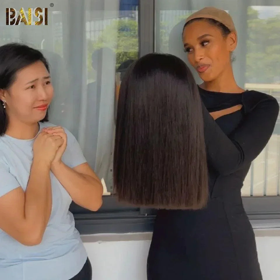 BAISI Perruques de Luxe Viêtnam Hair 2X6 Lace Perruque BOB Noir Lisse en 100% Cheveux Humains Vietnam Hair 300% densité plus de 20 ans d' utilisations