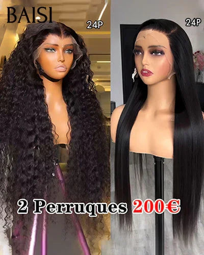BAISI 2 Perruques pour revendre 200€ 13X4 curly wave et 4x4 lace closure Lisse 24 pouces couleur NOIR 200% densité en 100% vrais cheveux humains