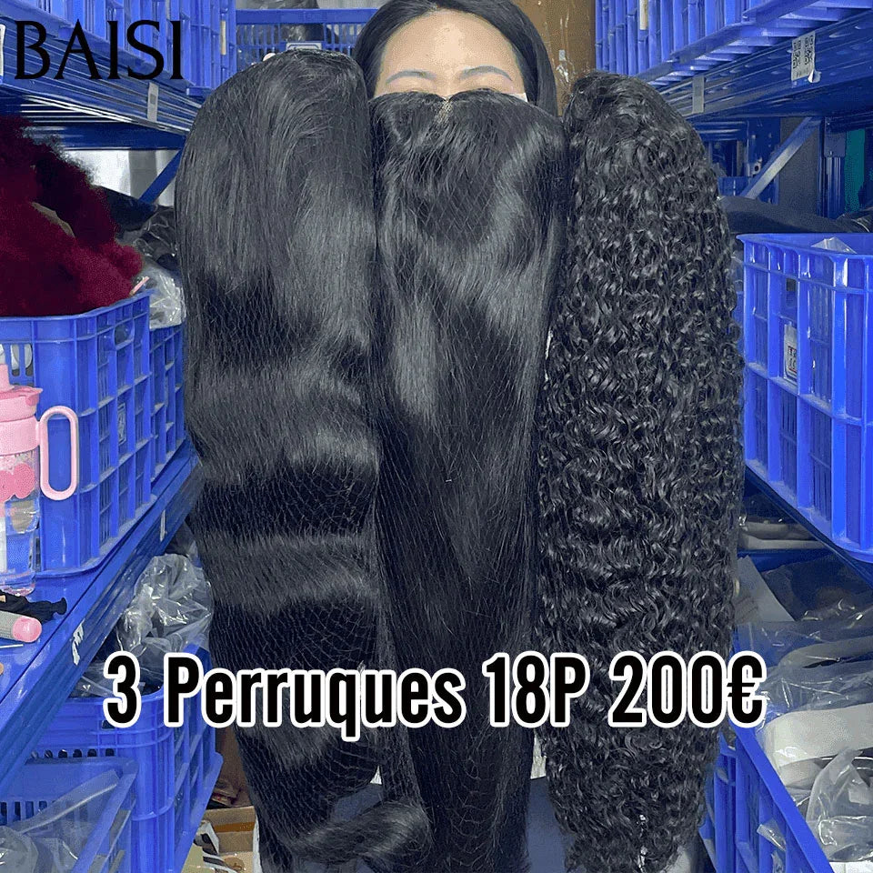 BAISI Moitié Prix 3 Perruques 200€ 18 pouces 100% raw hair Lisse NOIR 4X4 lace en 100% Cheveux Humains MP50