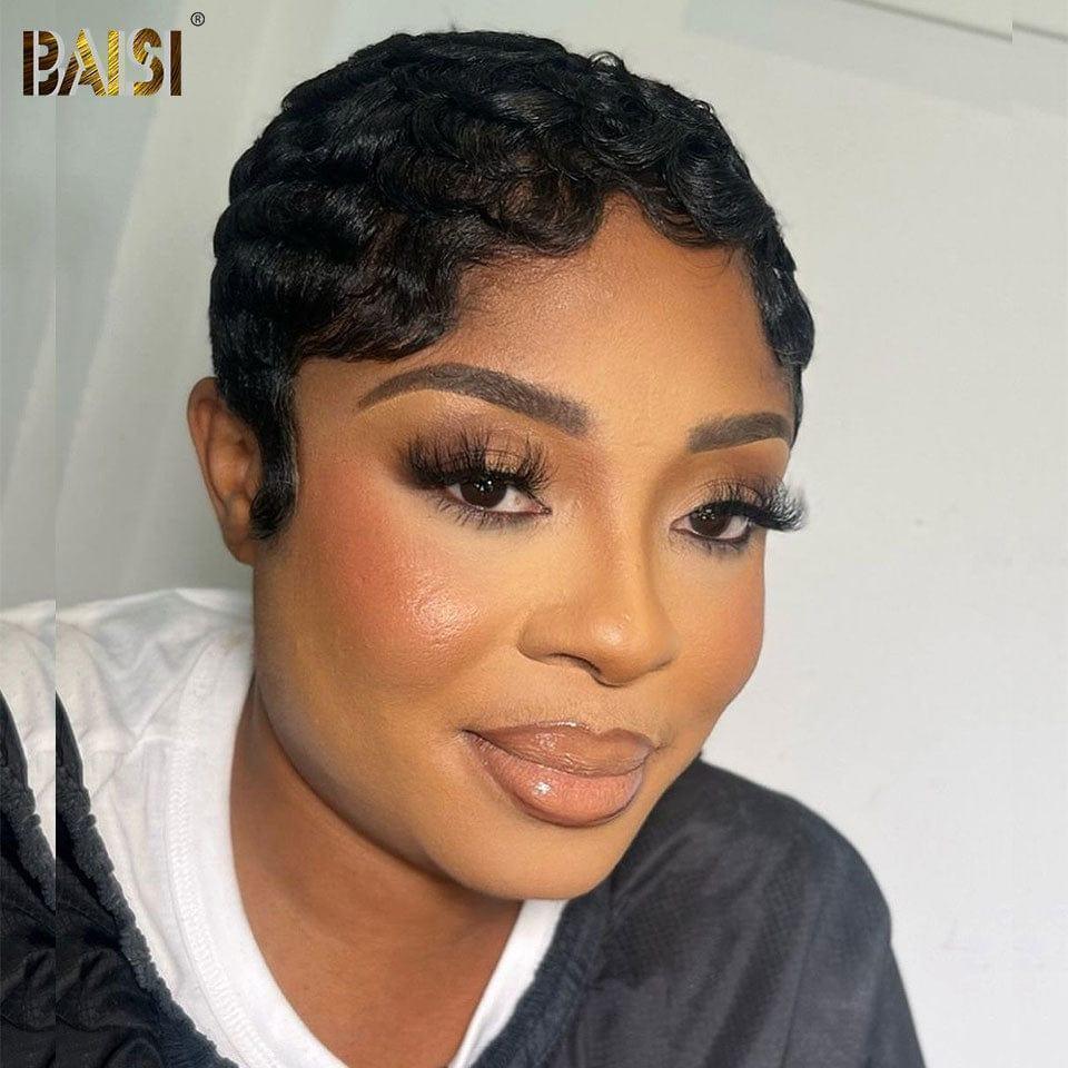 BAISI 4 Perruques 239€ 13X4 pixie 99J# et 2x6 Lisse 8 Pouces et sans Colle afro curly ou pixie curly wave sans lace sans colle Noir 58€ en 100% Cheveux Humains