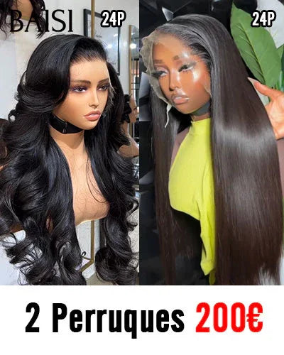 BAISI 2 Perruques pour revendre 200€ 13X4 Body wave et Lisse 24 pouces couleur NOIR en 100% vrais cheveux humains FR20