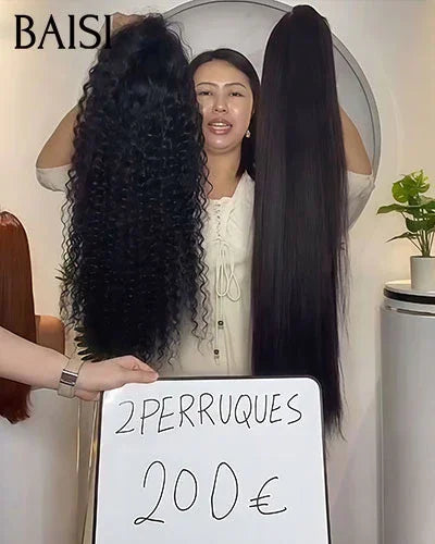 BAISI 2 perruques Flash Offer PROMOTION 200€ Vente en gros 13X4 lace 24 Pouces curly wave et lisse NOIR en 100% vrais cheveux humains FR38