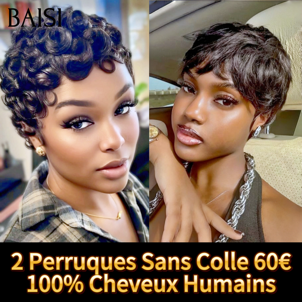 BAISI prix en gros 2 Perruques promotion 60€ Prix pixie sans colle et NOIR en 100% cheveux humains