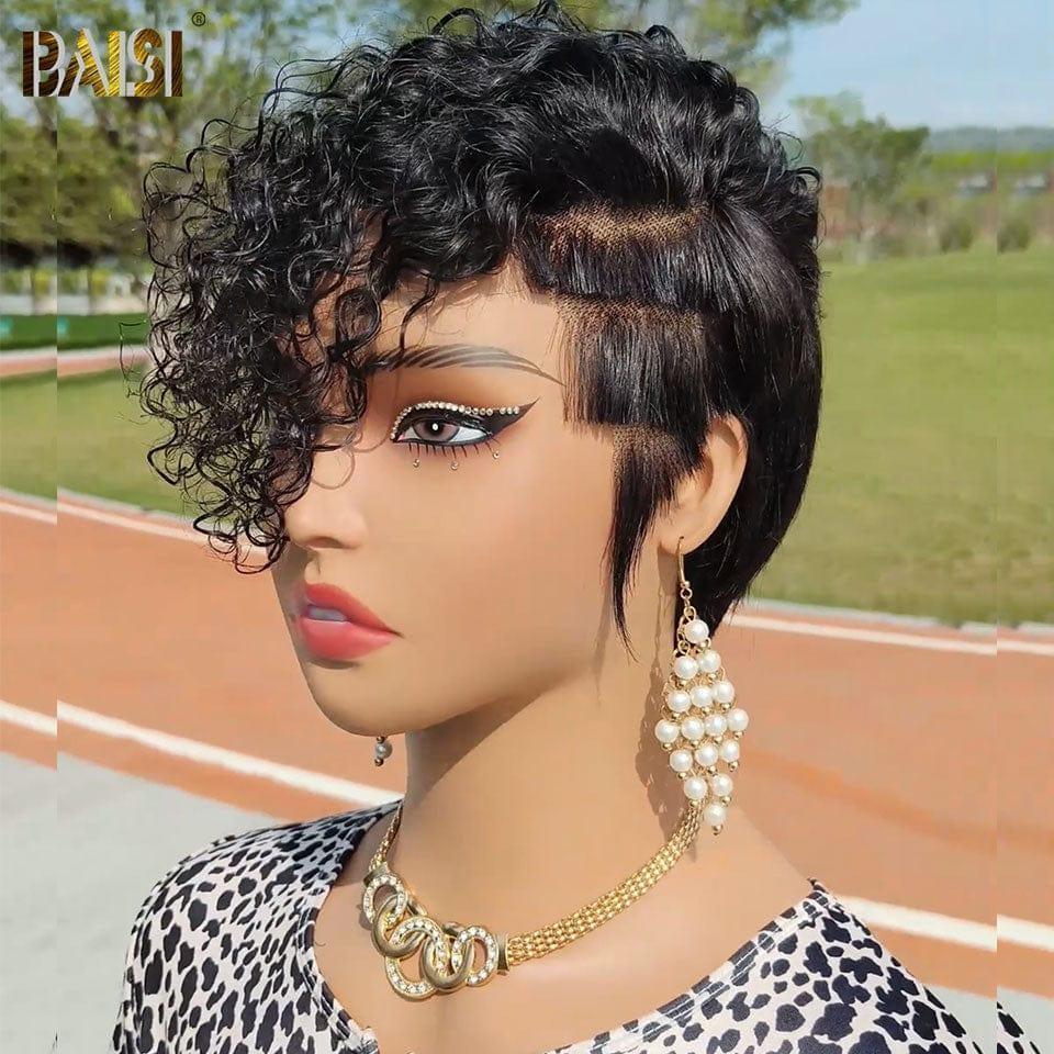 BAISI sans Colle Fabriqué à la Machine curly wave 54€ ou 13X4 Perruque pixie Vague curly En Couleur Noir 85€ en 100% Cheveux Humains