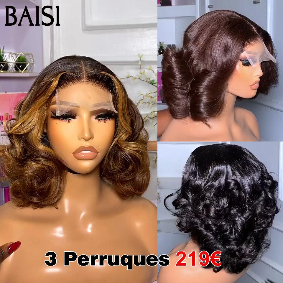 BAISI 3 Perruques 219€ 4X4 bouclé egg wave 10 Pouces bob 3 Couleurs en 100% Cheveux Humains FR38