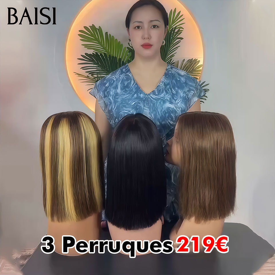 BAISI Offre spéciale 3 perruques 219€ Lisse Bob de luxe 2x6 lace 10 Pouces en couleur Marron et Miel et 4X4 lace 10 Pouces NOIR en 100% vrais cheveux humains BS120