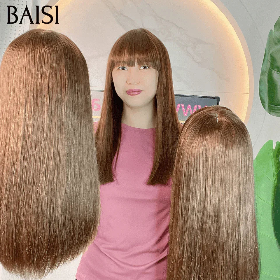 BAISI Achetez sans lace sans colle ou 13x4 Lace Frontal Perruque Lisse En Marron #4 avec Frange En 100% Cheveux Humains