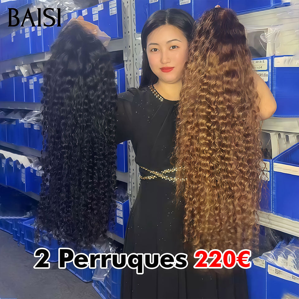 BAISI Promotion 2 perruques 220€ 13X4 lace frontal 22 pouce Curly Marron et NOIR 100% vrais cheveux humains BS120