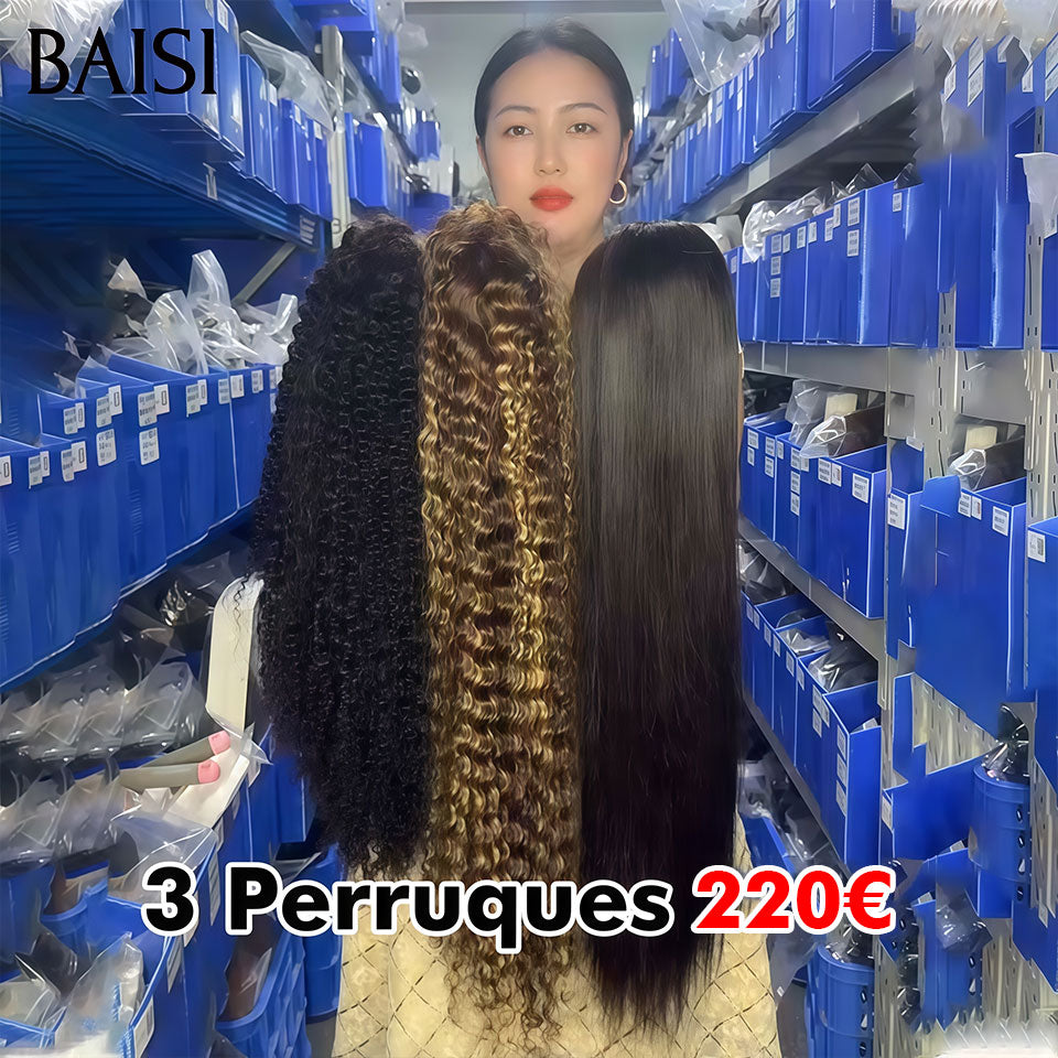 BAISI Lot de 3 perruques Flash Offer PROMOTION 220€ 13X4 lace frontal deep wave NOIR 18 Pouces et Mixte 18 Pouces et 4x4 lace closure Lisse NOIR 22 Pouces 100% vrais cheveux humains VIP100