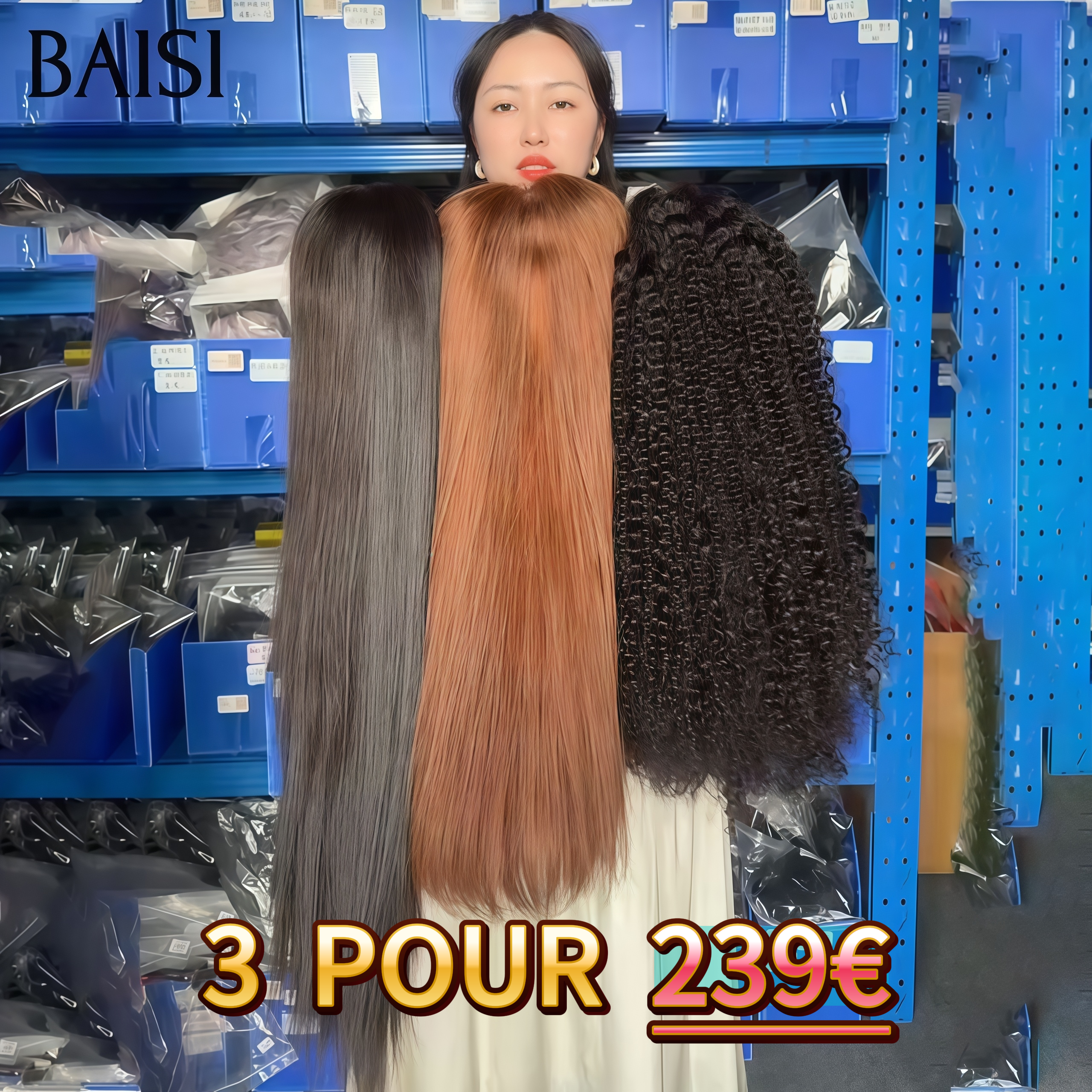 BAISI pour revendre 3 perruques 239€ 13x4 lace frontal Lisse 22 pouces NOIR et Marron 20 Pouces et curly wave 20 pouces en 100% vrais cheveux humains