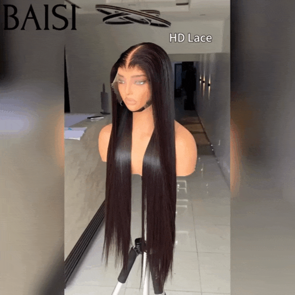 BAISI 13x6 HD lace Invisible Sans Colle Perruque Lisse en Noir Lace déjà couper Facile à Porter en 100% Cheveux Humains 250% Densité