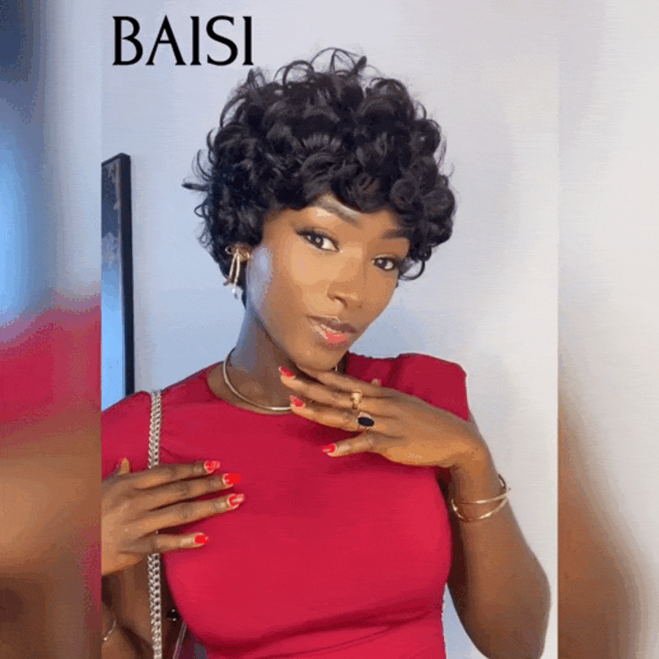 BAISI 13X4 Lace Frontale Pixie Coiffure à la Mode Marron 4# 68€ et Perruque Pixie Finger Wave petite coupe fabriqué à la machine 49€ En 100% Cheveux Humains FR20