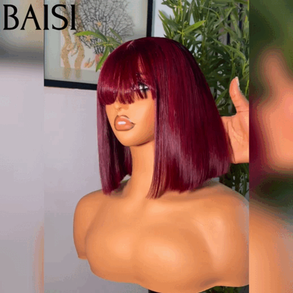 BAISI Offre Flash 75€ 15A SDD BONE STRAIGHT 300% densité Bob lisse Avec Frange Couleur 99J Bordeaux Perruques de Luxe 100% Vietnam Hair A1 Fabriquées par les cheveux double drawn sans Lace sans colle FR20