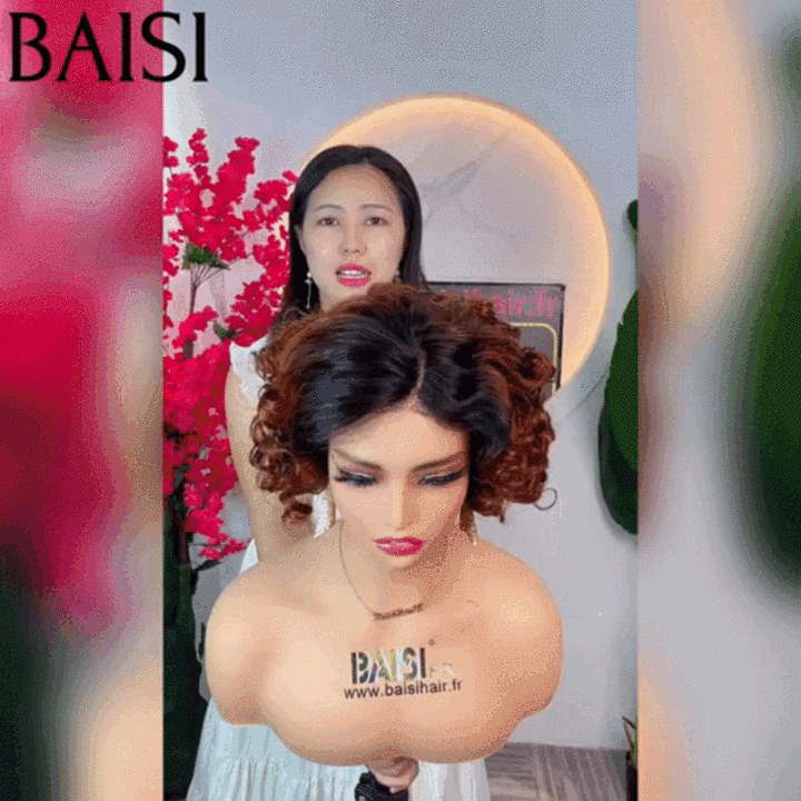BAISI Perruque 4X4 Pixie Egg Curls Raie sur le côté 1BT33# 10 Pouces en 100% Cheveux Humains #025