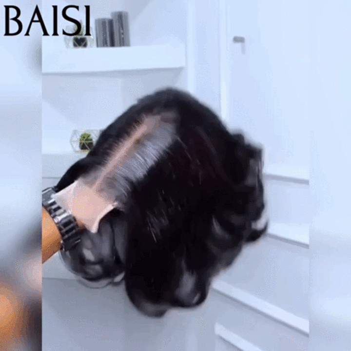 BAISI Flash Offer €75 Pixie Wig 4X4 Egg Curls Black Side Parting 1B# in 100% Human Hair FR38