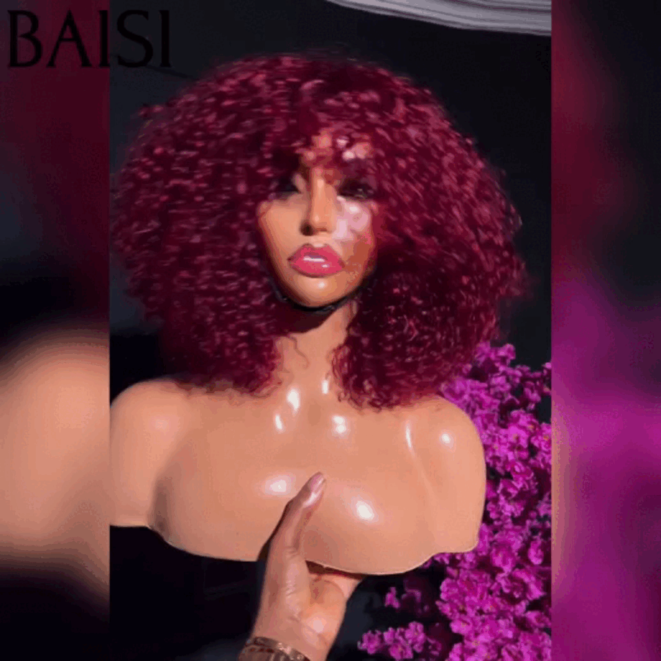 BAISI Perruque Bouclée Curly Wave 79€ avec Frange en Rouge Bordeaux #99J