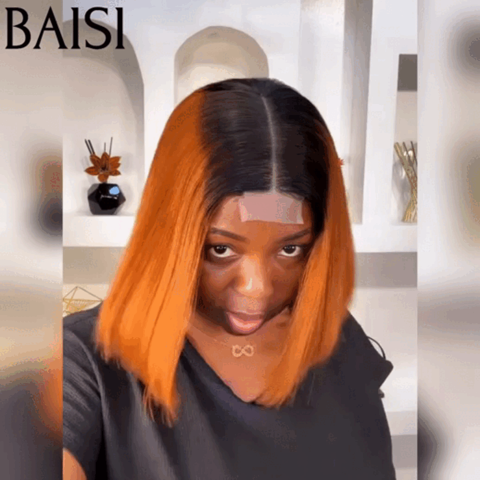 BAISI 2X6 Perruques de Luxe Haute Qualité Viêtnam Hair Lisse BOB en Couleur orange avec racine noir 1BT350# en 100% Cheveux Humains