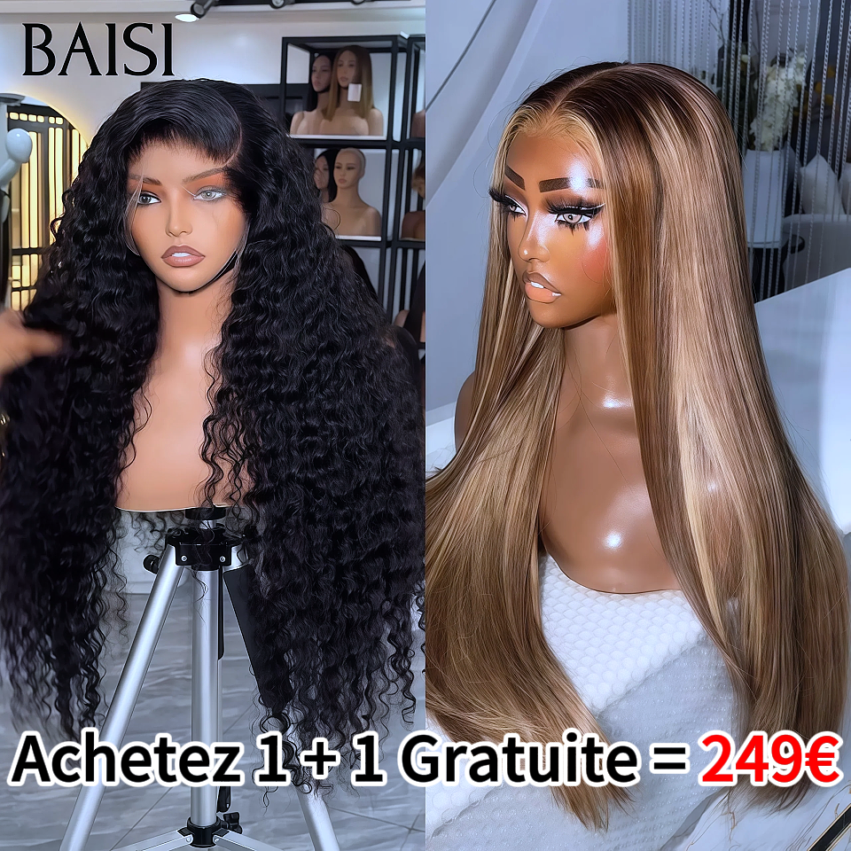 BAISI Achetez 1 + 1 Gratuite = 249€ 13X4 lace frontal Lisse 26 Pouces en couleur Mixte ou curly wave Perruque en 100% vrais cheveux humains