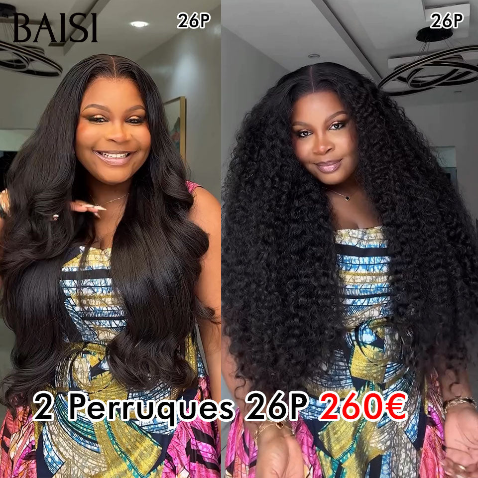 BAISI 2 perruques Flash Offer 260€ Vente en gros 13X4 lace frontal 26 Pouces Body wave et curly wave en 100% vrais cheveux humains