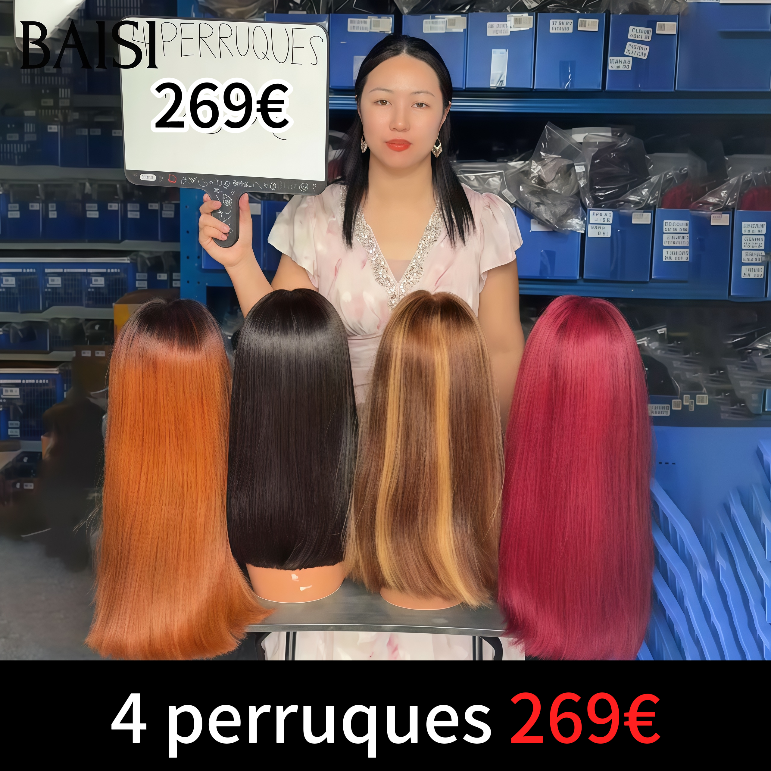 BAISI BLACK FRIDAY BAS Prix 4 perruques 269€ 13x4 lace frontal bob lisse 16 Pouces en 4 couleurs Bordeaux et NOIR et Marron et Mixte Miel en 100% Cheveux Humains