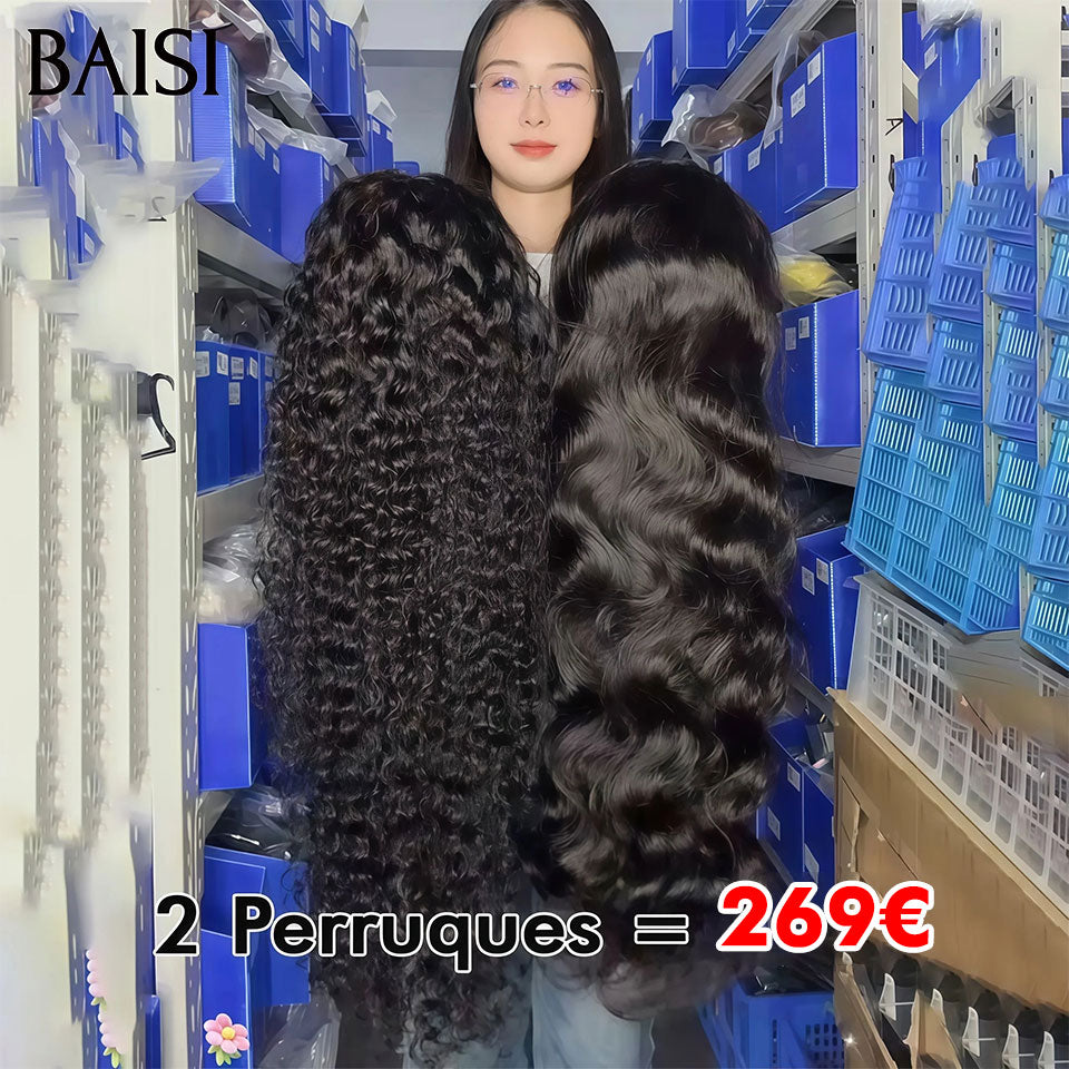 BAISI 2 perruques 269€ Vente en gros 13X4 lace frontal 26 pouces couleur NOIR body wave et curly wave 100% vrais cheveux humains