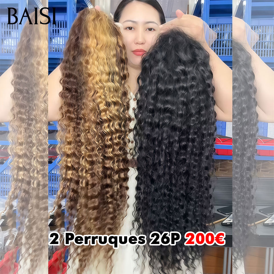 BAISI 2 Perruques 200€ 13X4 lace frontal curly wave en couleur Mixte et NOIR 26 Pouces 100% vrais cheveux humains BS65