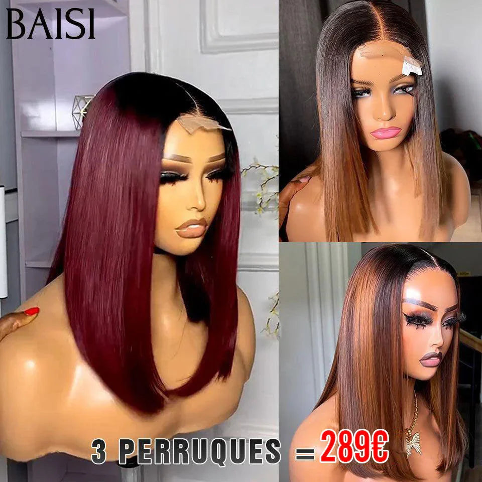 BAISI 3 Perruques 2X6 Bob 289€ Lisse En Marron #1B4 et Bordeaux 1BT99J# et Mixte 1BT4#27# de luxe 10 pouces en 100% Cheveux Humains vietnam hair VIP100