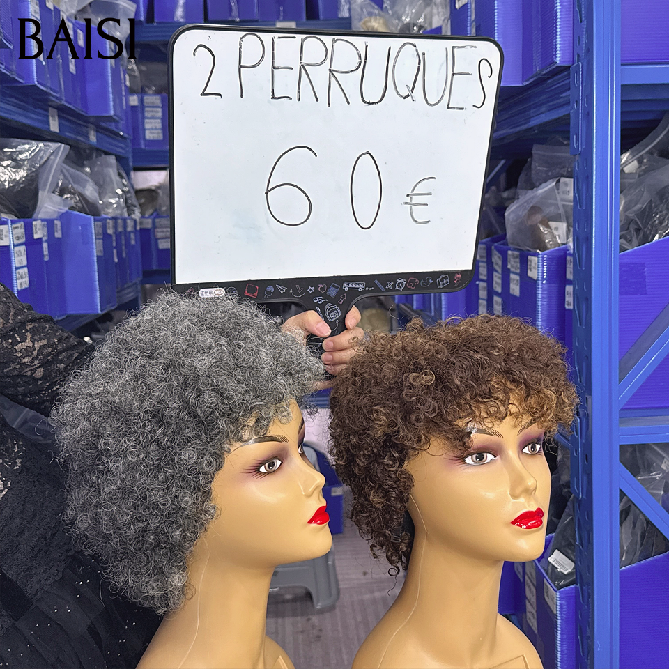 BAISI Promo 2 Perruques 60€ sans colle pixie curly en marron et afro curl en gris en 100% vrais cheveux humains