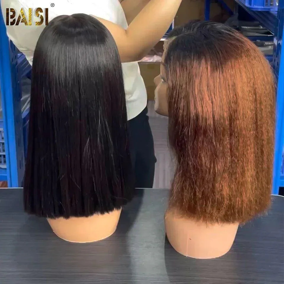 BAISI 2 Perruques bob 188€ 2X6 lace bob Perruque de luxe Viêtnam Hair 12 pouces + 13X4 kinky Straight 1BT4# 12 Pouces en 100% vrais cheveux humains