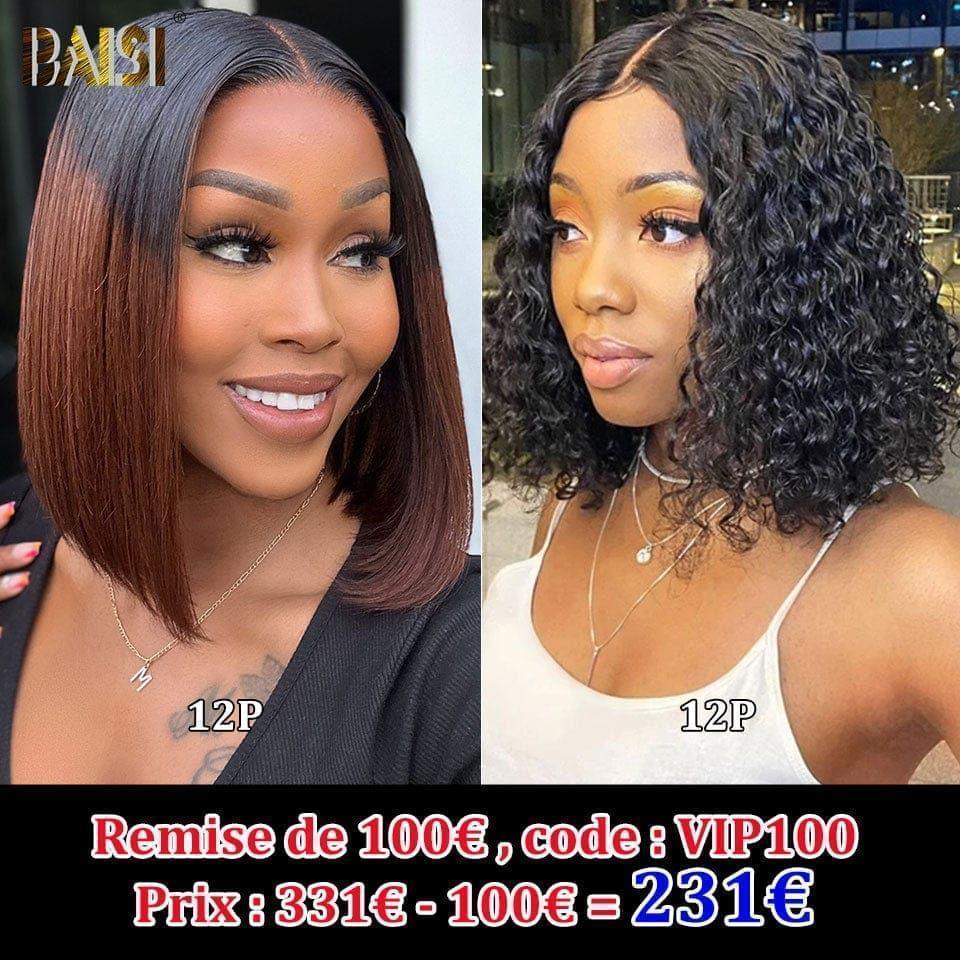 BAISI 2 perucas com fechamento bob € 231 Sem cola Fácil de usar em cabelo 100% humano real Renda já cortada Código: VIP100