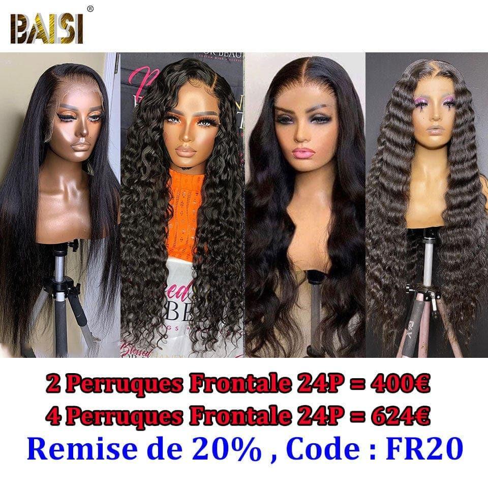 BAISI HAIR FR 13x4 Frontal Perruque Vente En Gros Sans colle 26 pouce +1 fer 169€ ou Réduction Supplémentaire Pour Le Prix D'usine 4 Perruques 24 pouces 780€, Code:FR20