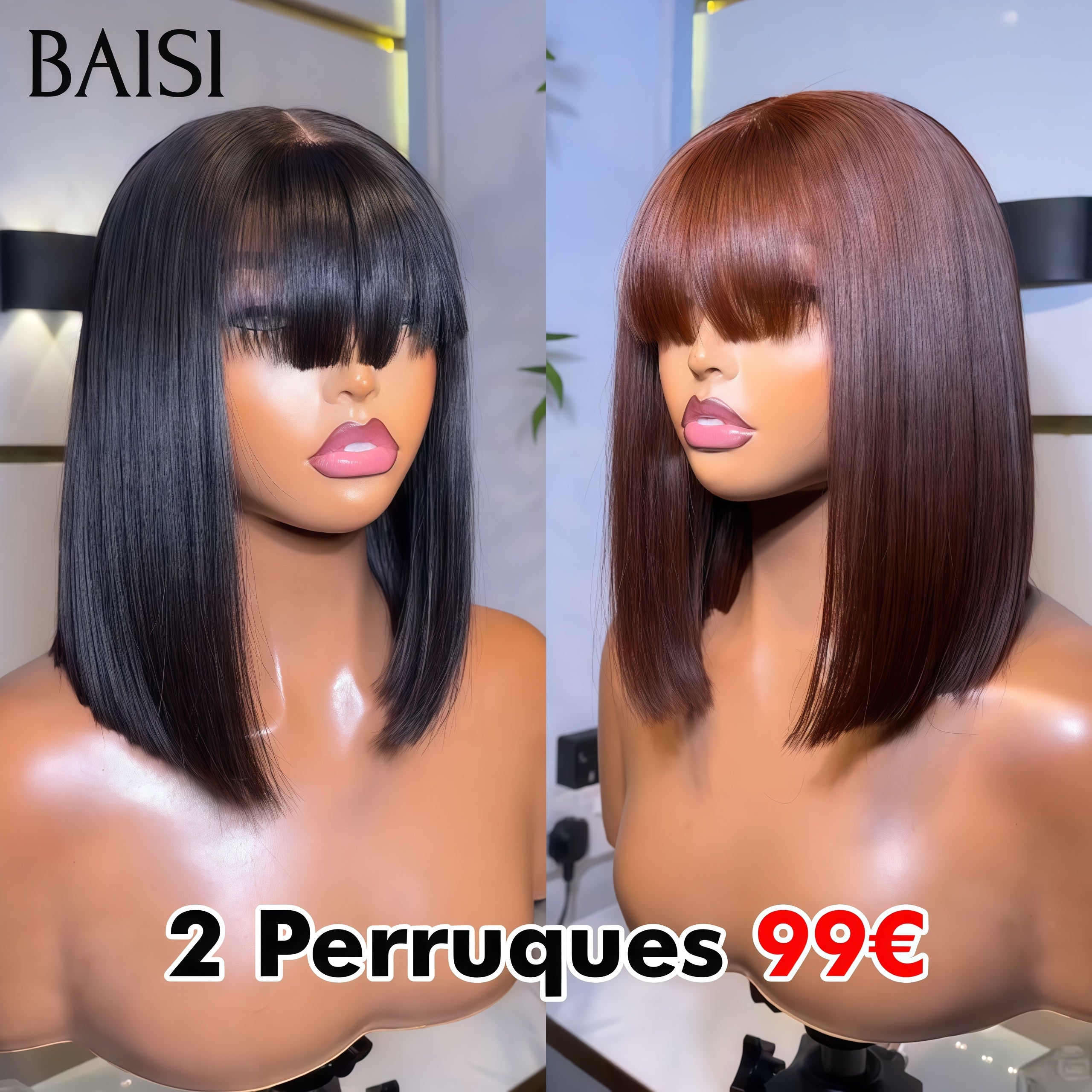 BAISI Promotion 2 perruques 99€ 8 pouce frange LIsse Marron et NOIR 100% vrais cheveux humains