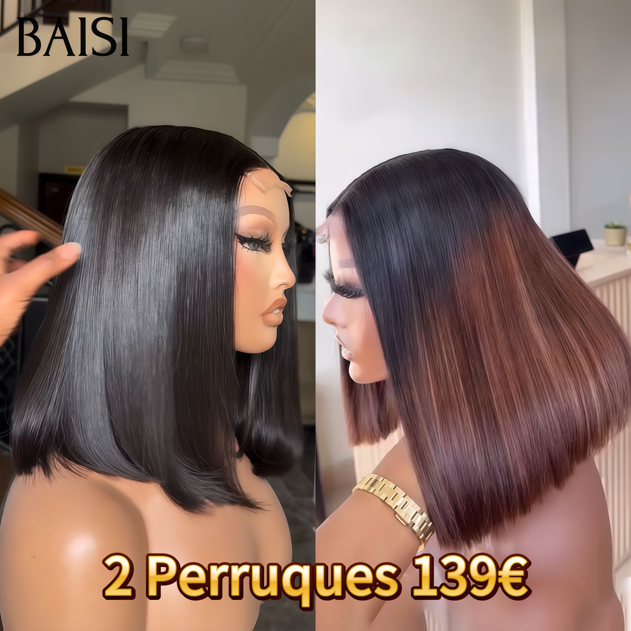BAISI HAIR FR 2 Perruques en Gros 139€ 4x4 lace closure Lisse BOB 10 Pouces ou Lot De 3 Perruques En Couleur Orange 450€ En 100% Cheveux Humains