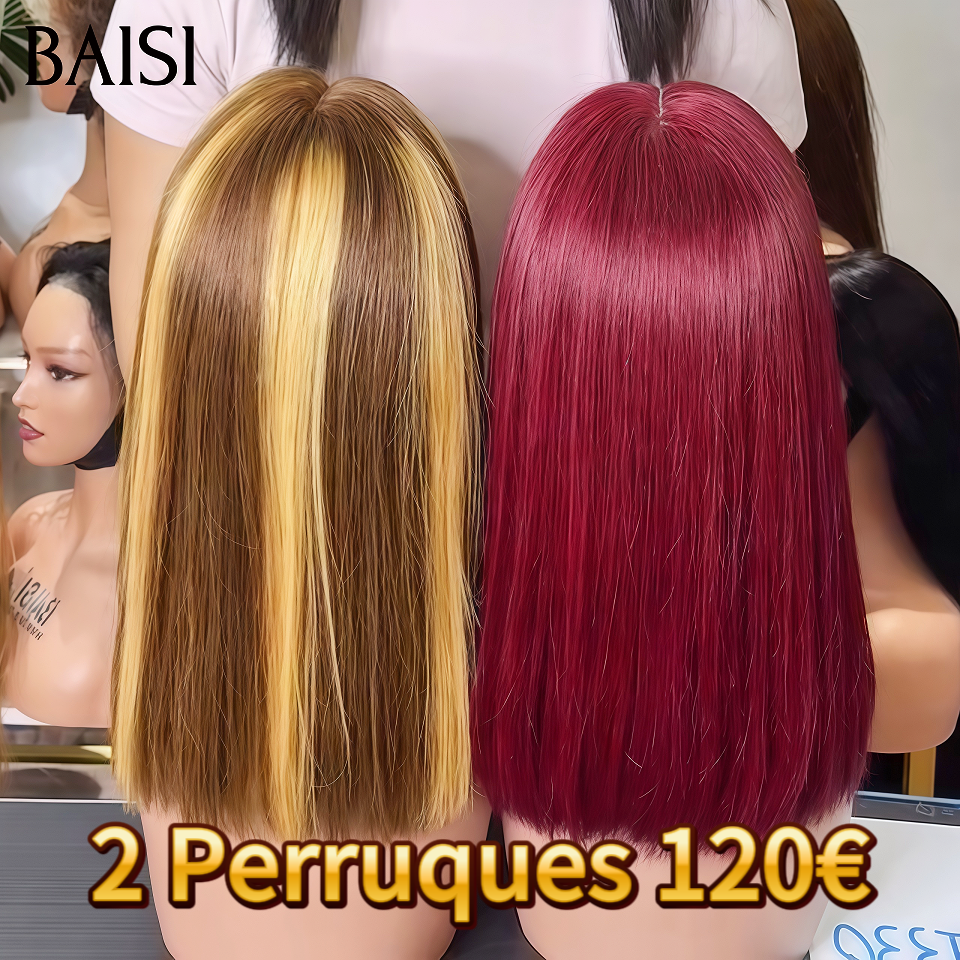 BAISI 2 Perruques 120€ Facile à Revendre 10 Pouces 13x4 lace frontal Lisse Bordeaux 99J# et 4mix27# en 100% Cheveux Humains