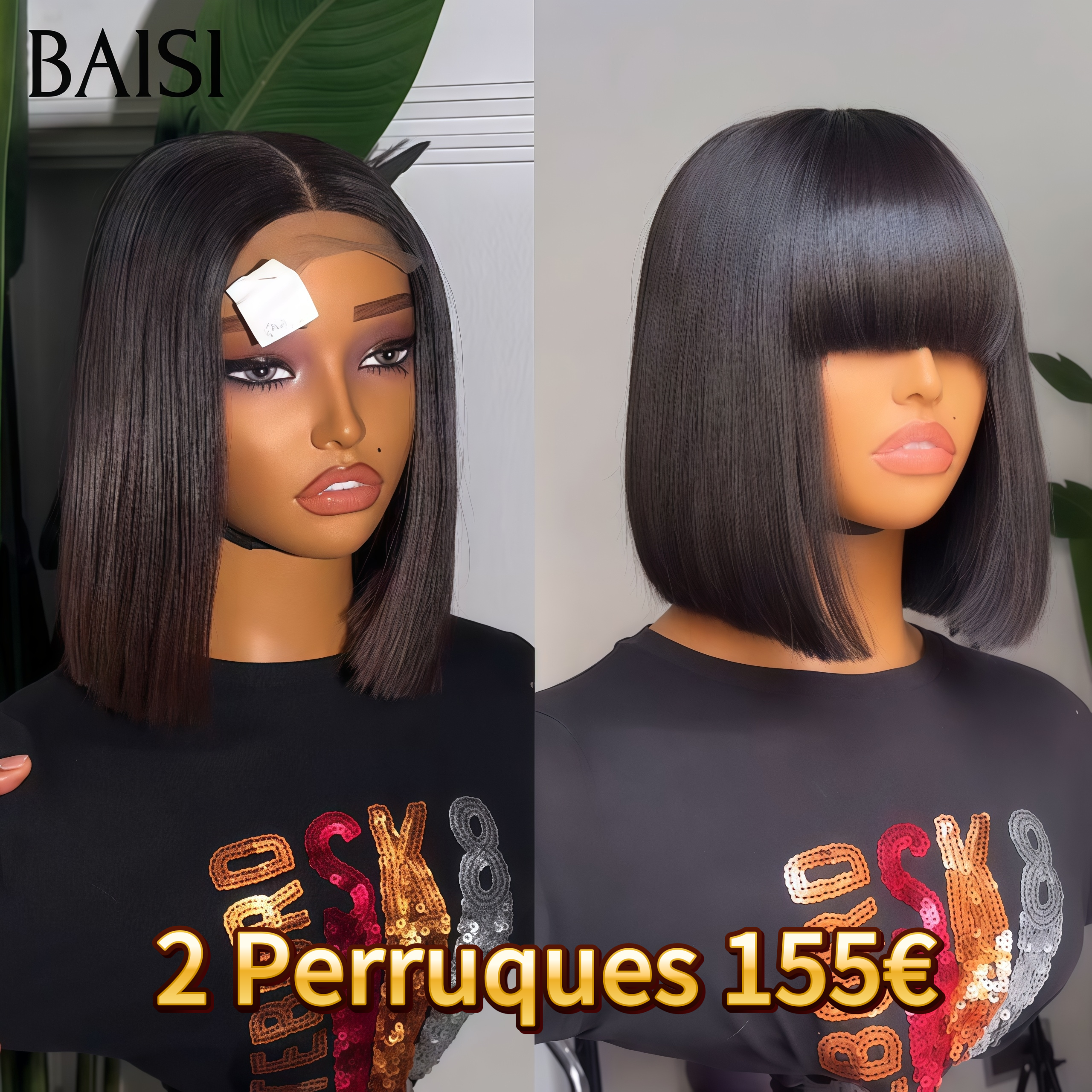 BAISI vente flash 2 perruques promo 4x4 lace Lisse BOB 10 Pouces et Lisse avec Frange 8 Pouces en 100% vrais cheveux humains