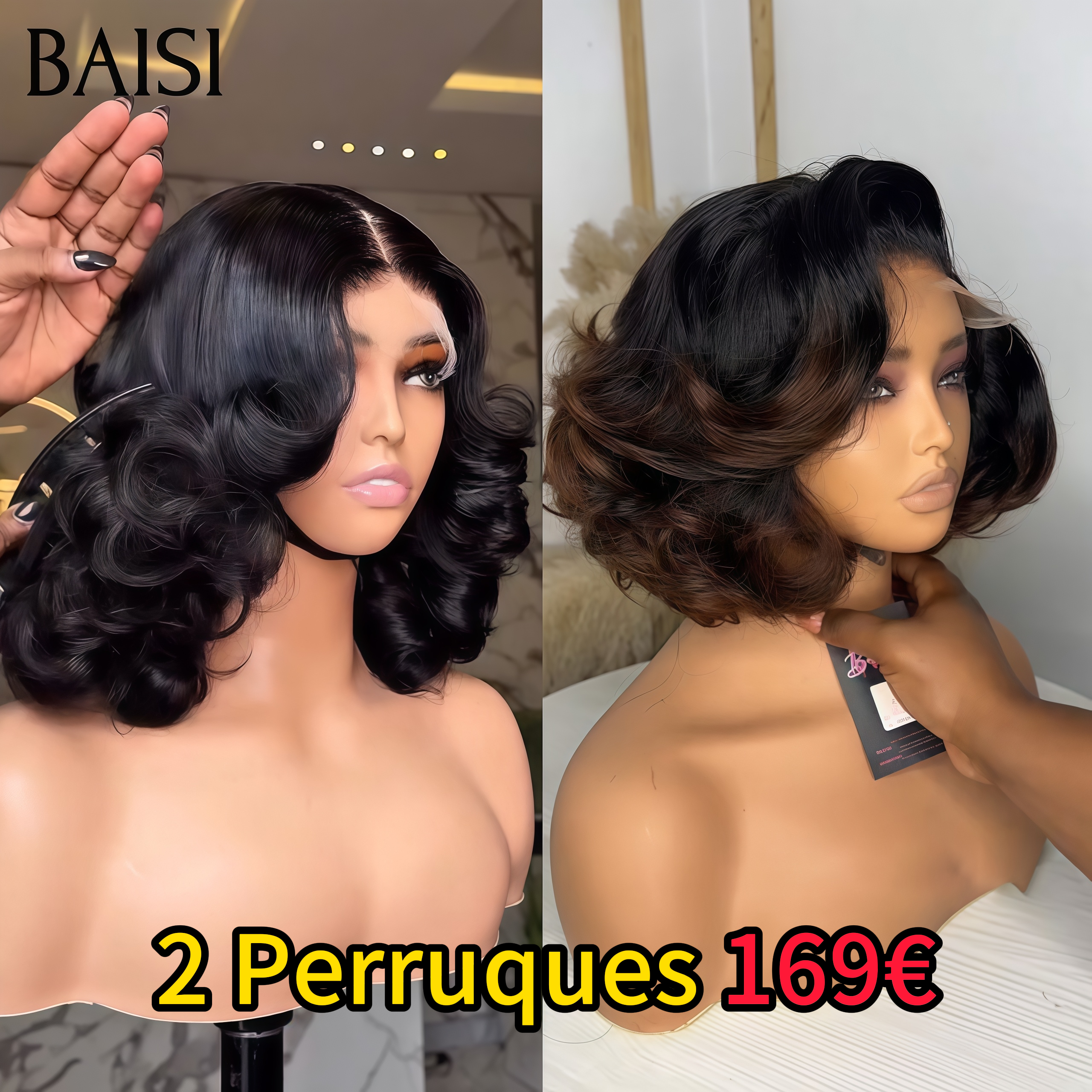 BAISI vente flash 2 Perruques 169€ 5x5 lace closure egg wave NOIR et Marron 1B4# en 100% vrais cheveux humains FR38