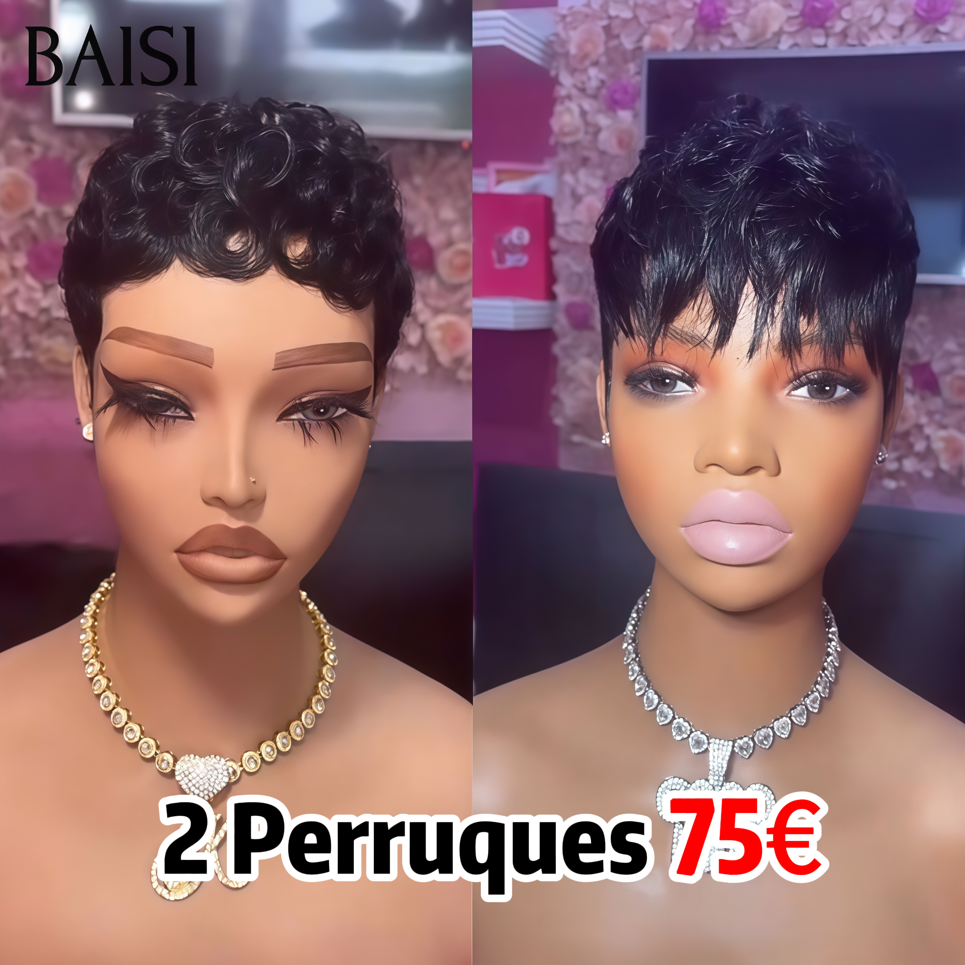 BAISI PROMO 2 Perruques 75€ pixie Sans Colle finger wave et Lisse NOIR Moitié Prix Fabriqué à la Machine en 100% cheveux humains