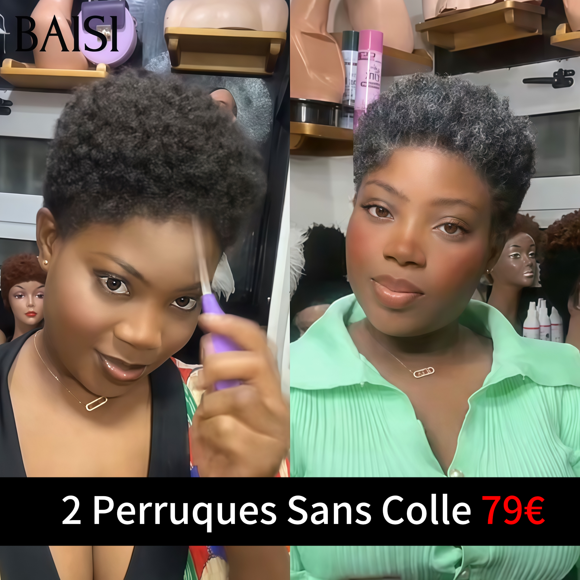 BAISI Vente Combinée 2 Perruques Sans Colle 79€ afro curly NOIR et gris 100% Cheveux Humains Fabriqué à la Machine