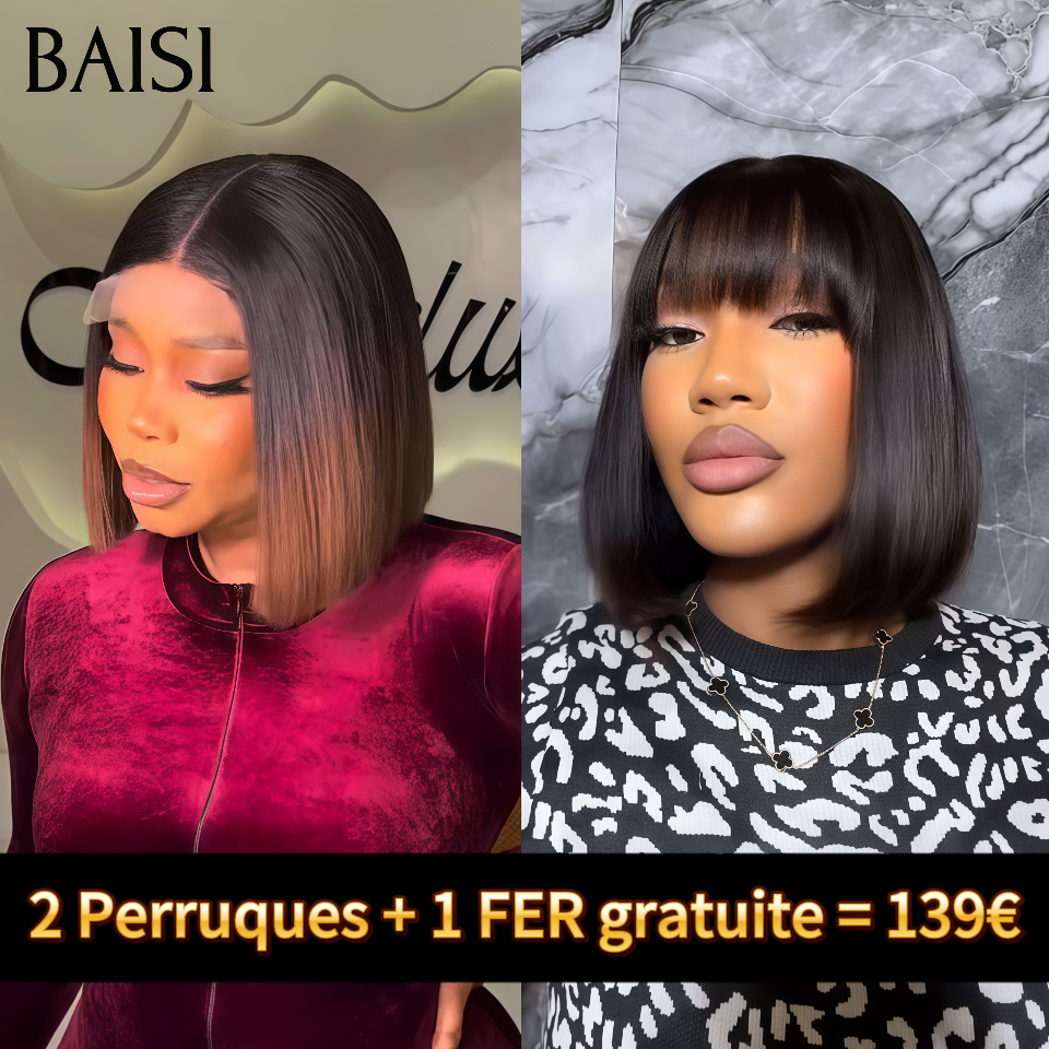 BAISI vente flash 2 Perruques + 1 FER gratuite = 139€ 4x4 lace closure Lisse Marron 1B4# 10 Pouces et BOB avec Frange 8 Pouces en 100% vrais cheveux humains