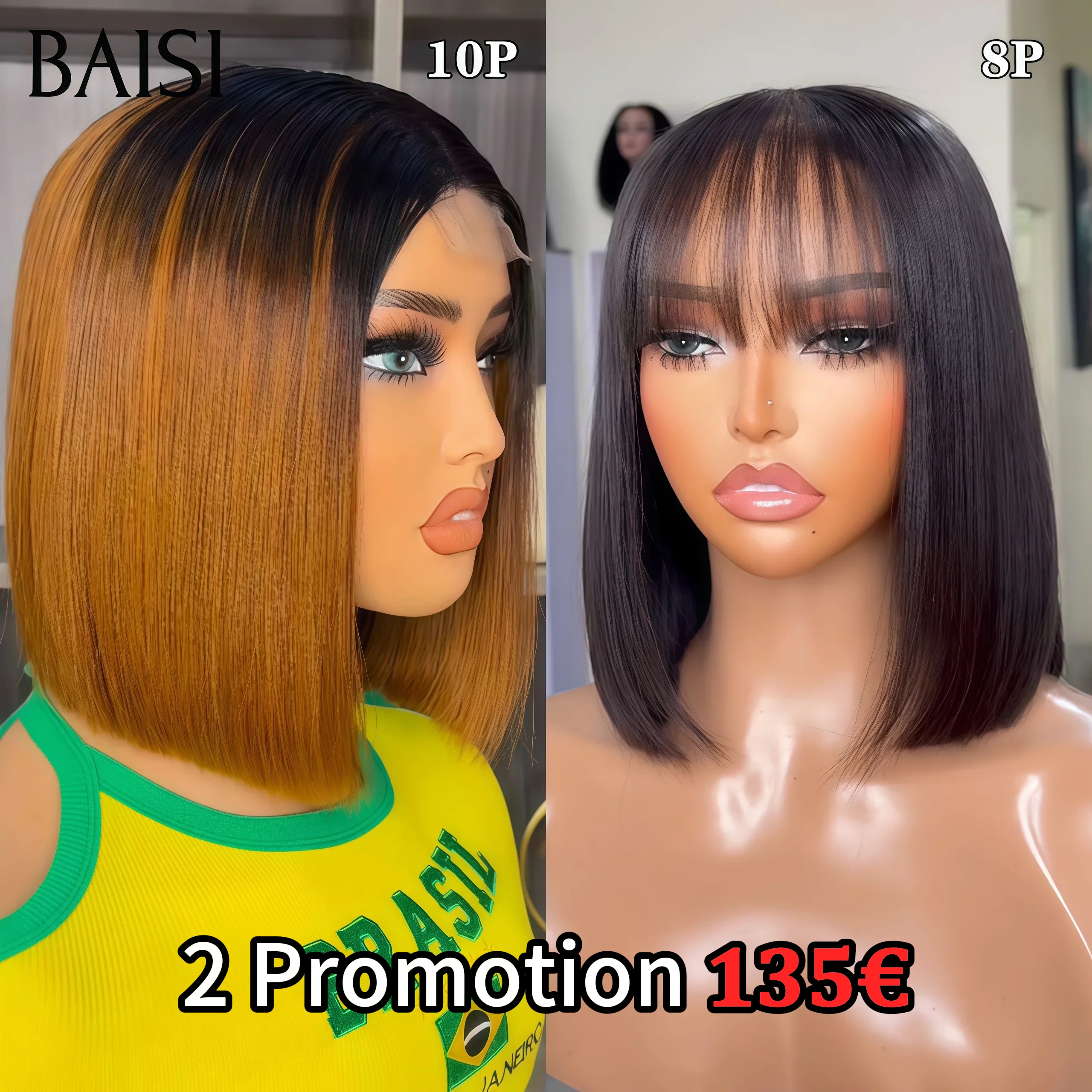 BAISI 2 perruques Vietnam raw Hair Flash Offer 135€ Vente en gros de luxe 2X6 lace 10 Pouces en couleur miel et lisse bob avec frange NOIR DE luxe en 100% vrais cheveux humains FR38