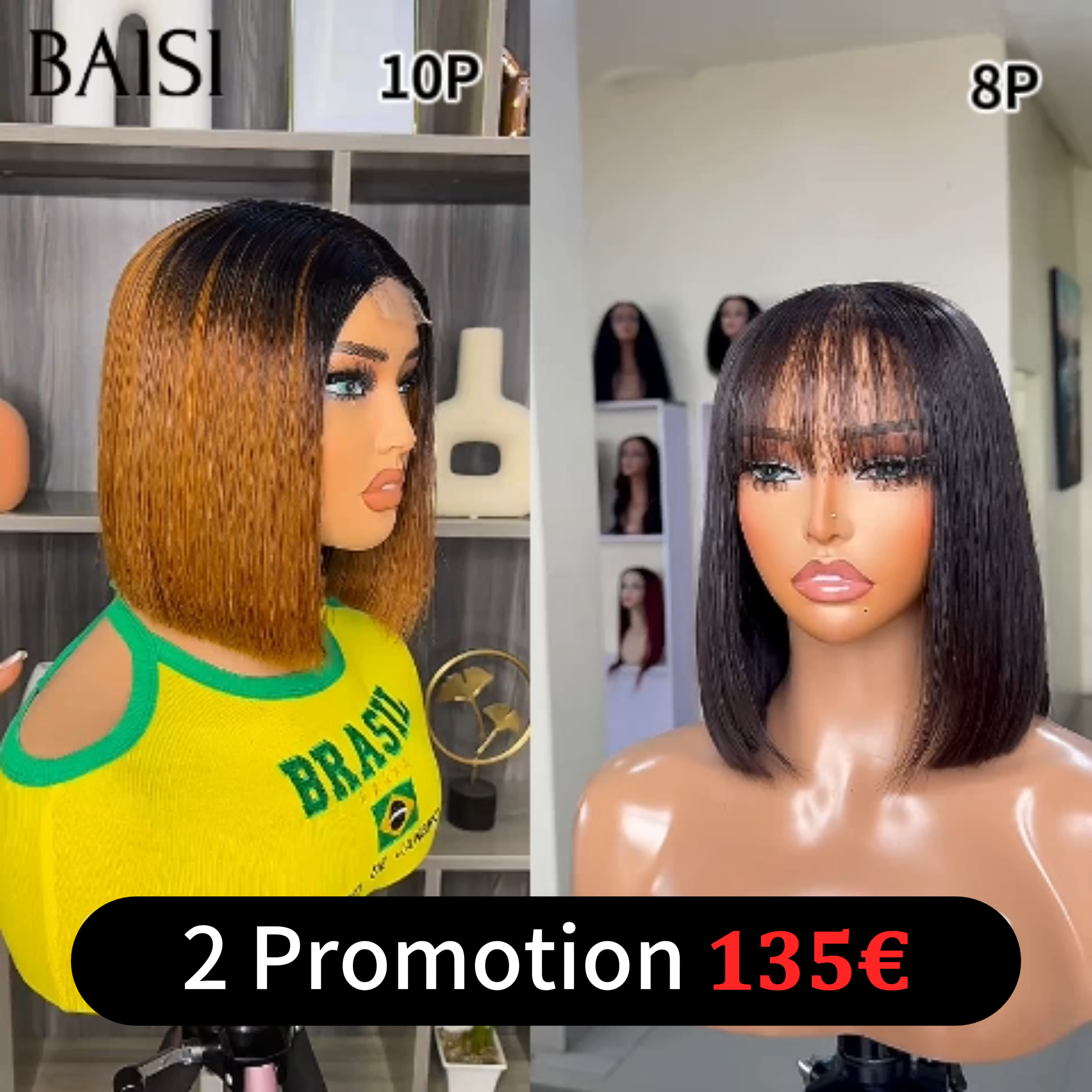 BAISI 2 perruques Vietnam raw Hair Flash Offer 135€ Vente en gros de luxe 2X6 lace 10 Pouces en couleur miel et lisse bob avec frange NOIR DE luxe en 100% vrais cheveux humains FR38