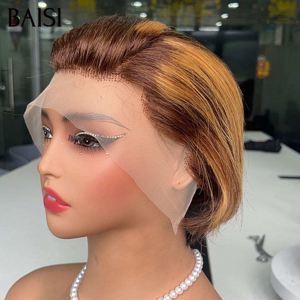 BAISI Perruque 13x4 Lace Frontal Pixie Lisse Marron Miel 59€ Seulement Perruque Spéciale pour les Vacances en 100% Cheveux Humains